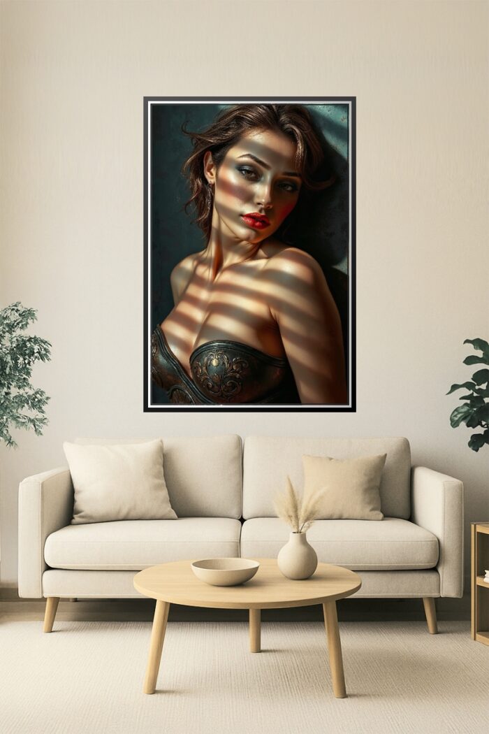 Shadow Temptress Poster – Sensual Light & Bronze Corset Art picture