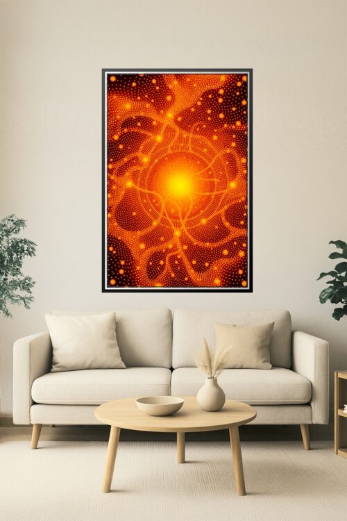 Golden Bloom from Above – Yayoi Kusama-Inspired Radiant Dot Art Poster picture