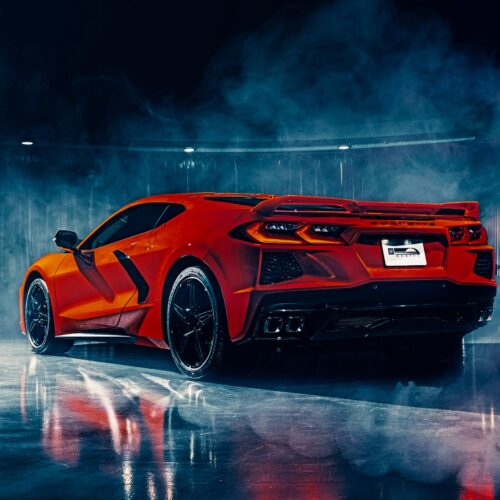 Red Corvette Stingray in Neon Smoke – High-Performance Supercar Poster