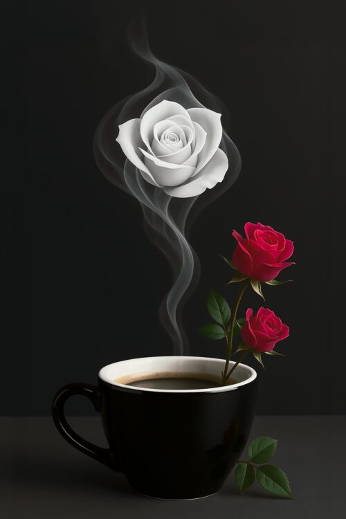 Steam Rose Coffee Art Poster – Elegant Floral Fantasy in a Cup
