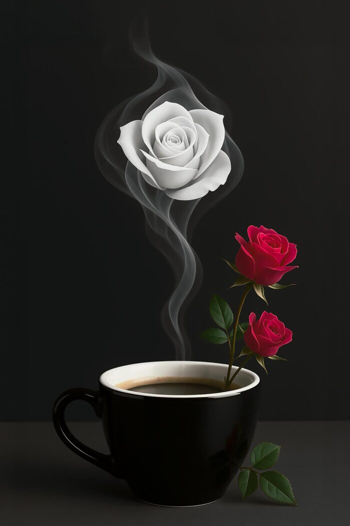 Steam Rose Coffee Art Poster – Elegant Floral Fantasy in a Cup