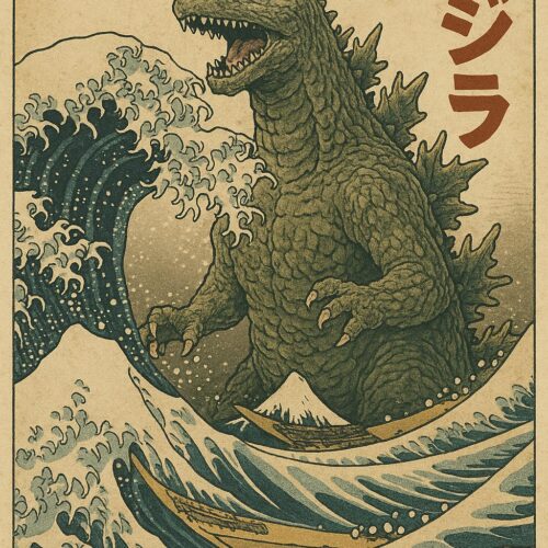Godzilla in the Great Wave – Vintage Japanese Style Poster