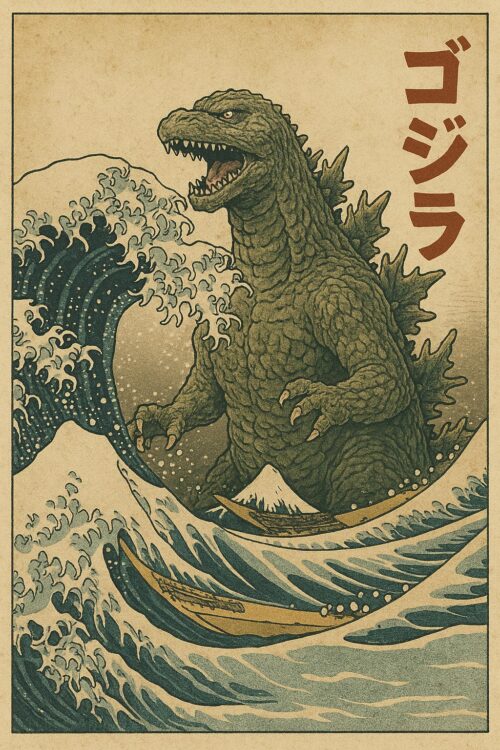 Godzilla in the Great Wave – Vintage Japanese Style Poster