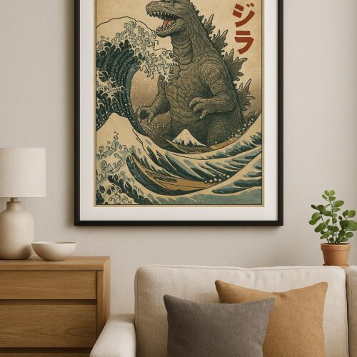 Godzilla in the Great Wave – Vintage Japanese Style Poster