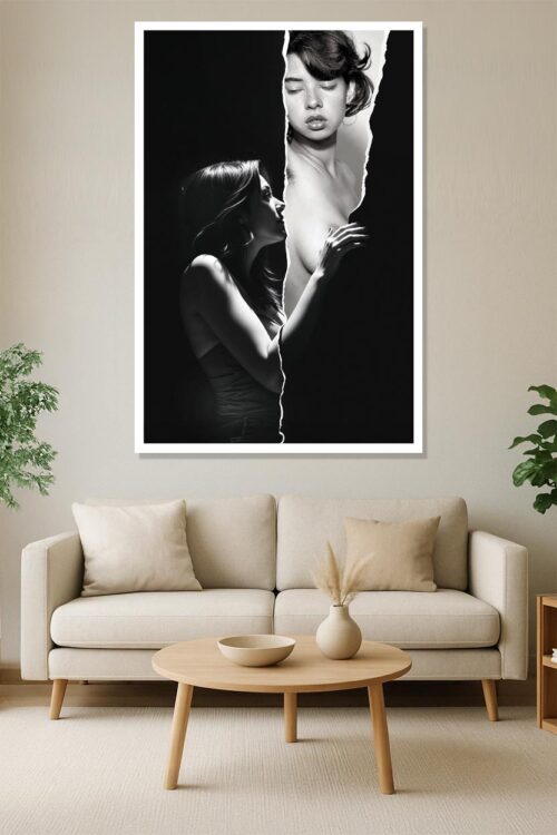 Through the Tear: A Glimpse of Desire – Black & White Expressionist Poster