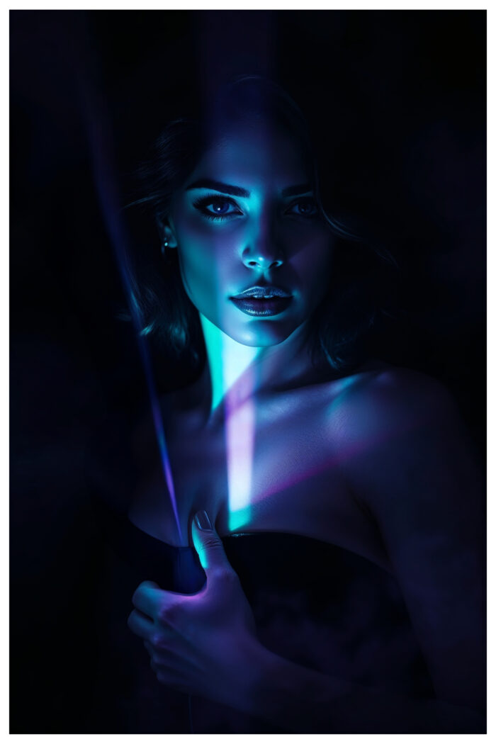 Enigmatic and Seductive Neon Gaze – Futuristic Portrait Poster in Neon Blue Light - Image 2