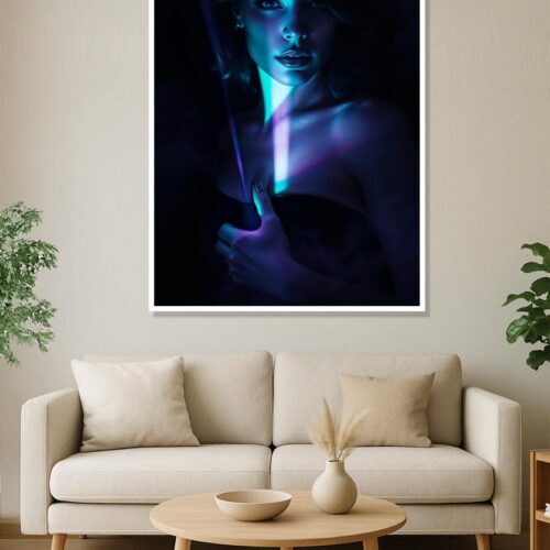 Enigmatic Neon Gaze – Futuristic Portrait Poster in Neon Blue Light