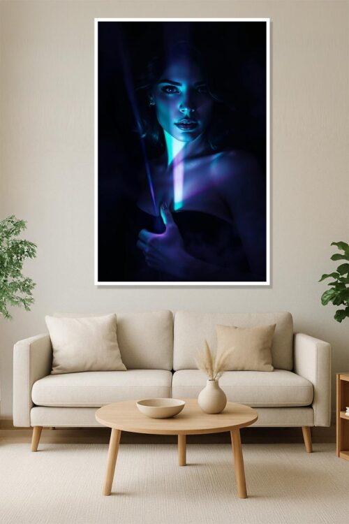 Enigmatic Neon Gaze – Futuristic Portrait Poster in Neon Blue Light
