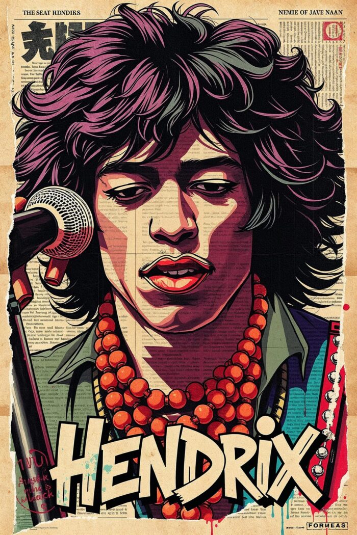 Psychedelic Hendrix Rock legend– Retro Isekai Anime Style Poster with Bold Graffiti & Newspaper Texture - Image 2