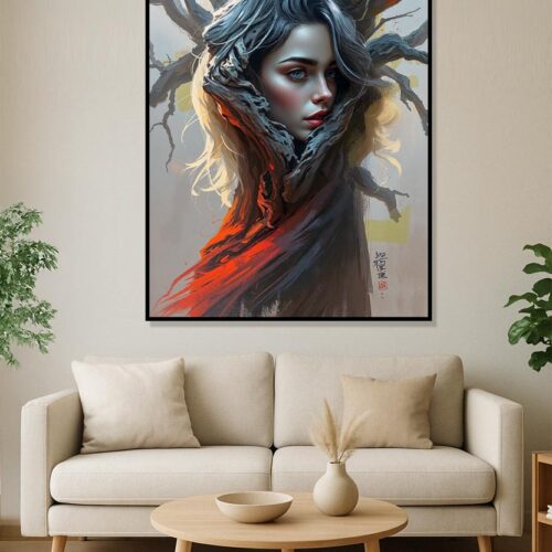 Rooted Rebirth – Woman Transformed into Tree Fantasy Art Poster