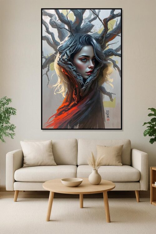 Rooted Rebirth – Woman Transformed into Tree Fantasy Art Poster