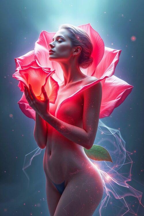 Floral Awakening – Surreal Nude Poster with Glowing Rose Aesthetic picture
