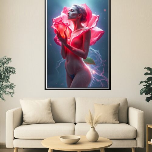 Floral Awakening – Surreal Nude Poster with Glowing Rose Aesthetic picture