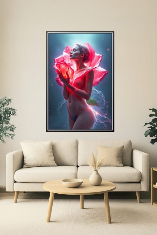 Floral Awakening – Surreal Nude Poster with Glowing Rose Aesthetic picture