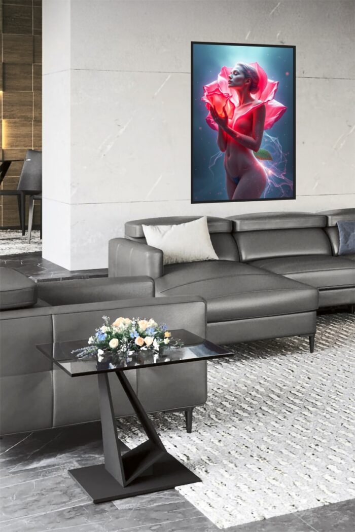 Floral Awakening – Surreal Nude Poster with Glowing Rose Aesthetic picture