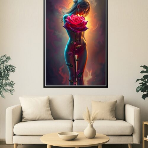 Rose Eclipse – Surreal Nude Poster with Fiery Floral Aura picture