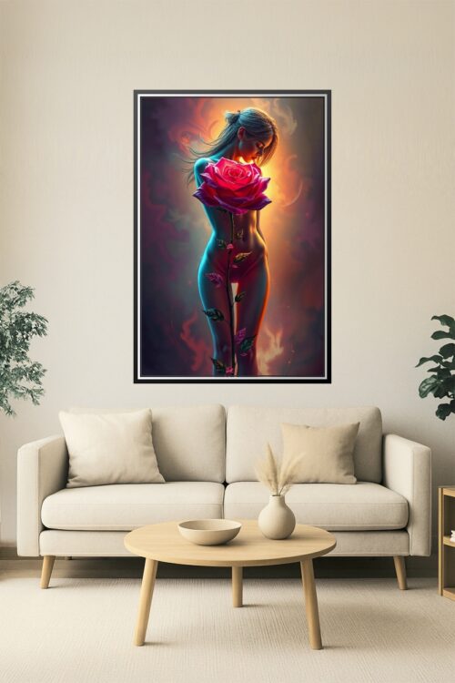 Rose Eclipse – Surreal Nude Poster with Fiery Floral Aura picture