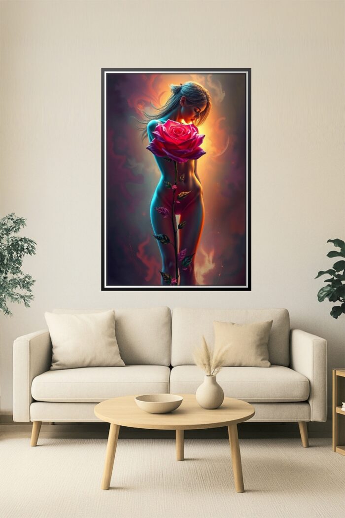 Rose Eclipse – Surreal Nude Poster with Fiery Floral Aura picture