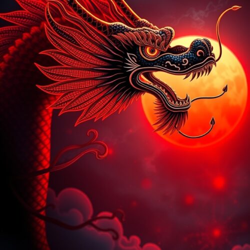 Red Moon Dragon – Fierce Oriental Mythical Beast Poster picture