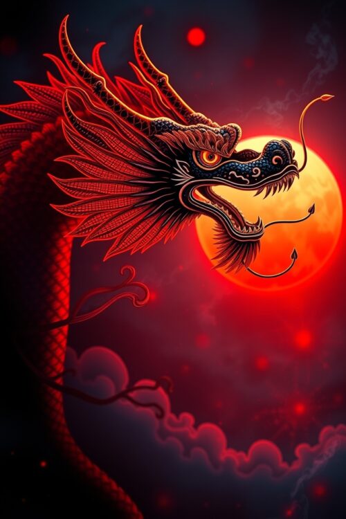 Red Moon Dragon – Fierce Oriental Mythical Beast Poster picture