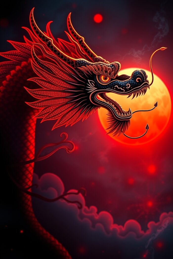 Red Moon Dragon – Fierce Oriental Mythical Beast Poster picture