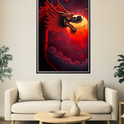 Red Moon Dragon – Fierce Oriental Mythical Beast Poster picture