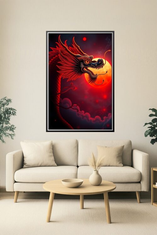 Red Moon Dragon – Fierce Oriental Mythical Beast Poster picture