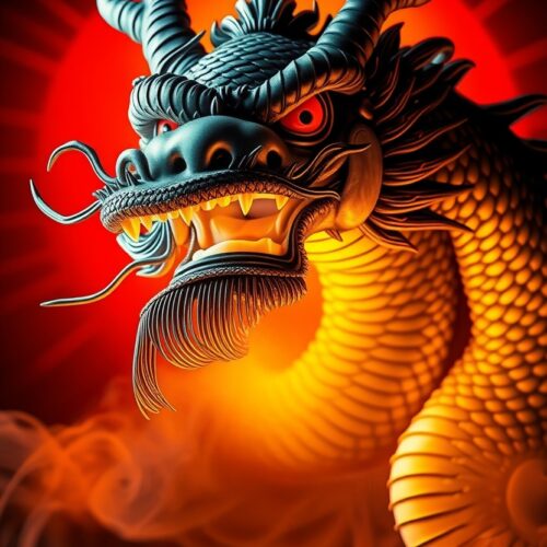 Inferno Dragon – Fiery Chinese Myth Poster with Rising Sun picture