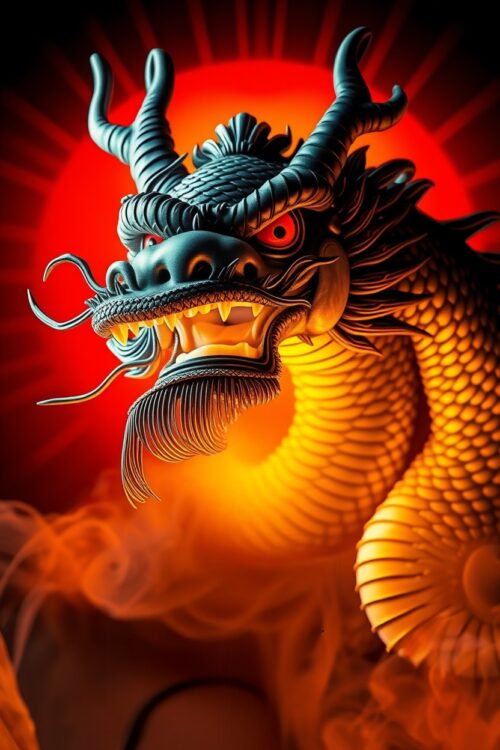 Inferno Dragon – Fiery Chinese Myth Poster with Rising Sun picture
