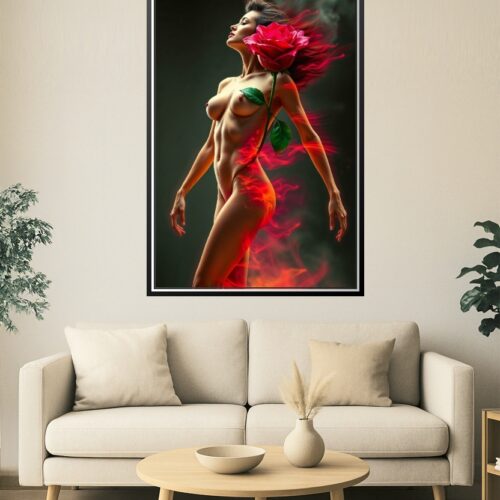 Flame & Bloom – Sensual Nude Poster with Fiery Rose Fusion picture