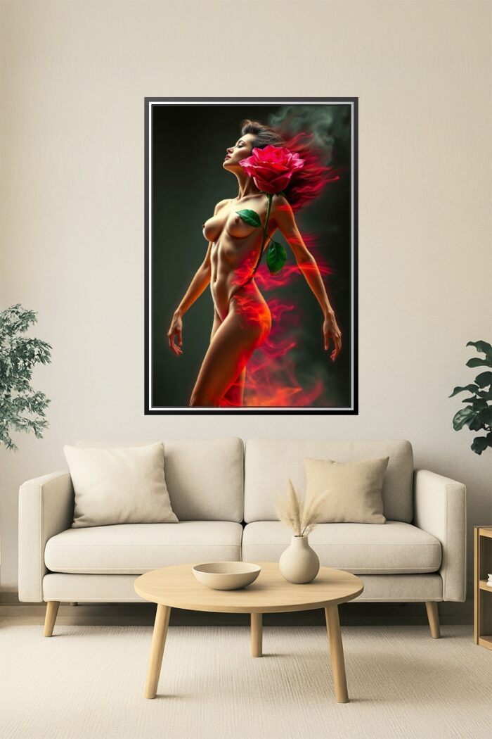 Flame & Bloom – Sensual Nude Poster with Fiery Rose Fusion picture