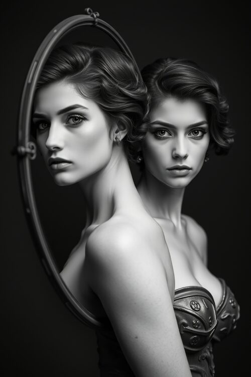 Mirror Seduction – Dark Feminine Duality in Monochrome Art picture
