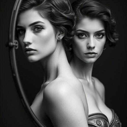 Mirror Seduction – Dark Feminine Duality in Monochrome Art picture