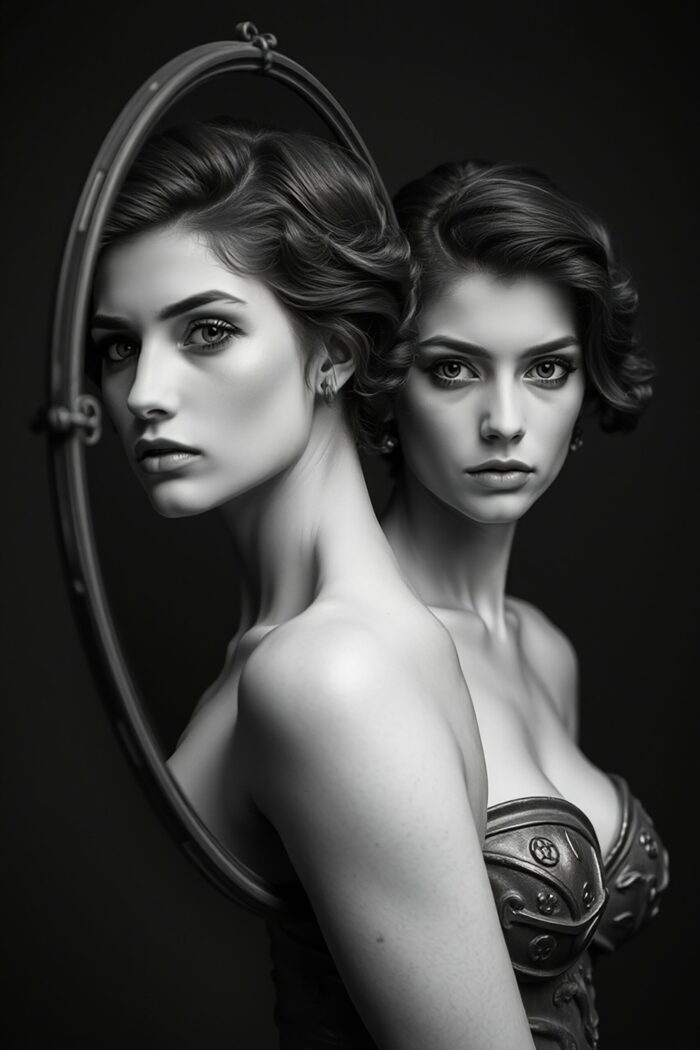 Mirror Seduction – Dark Feminine Duality in Monochrome Art picture