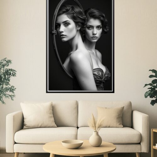 Mirror Seduction – Dark Feminine Duality in Monochrome Art picture