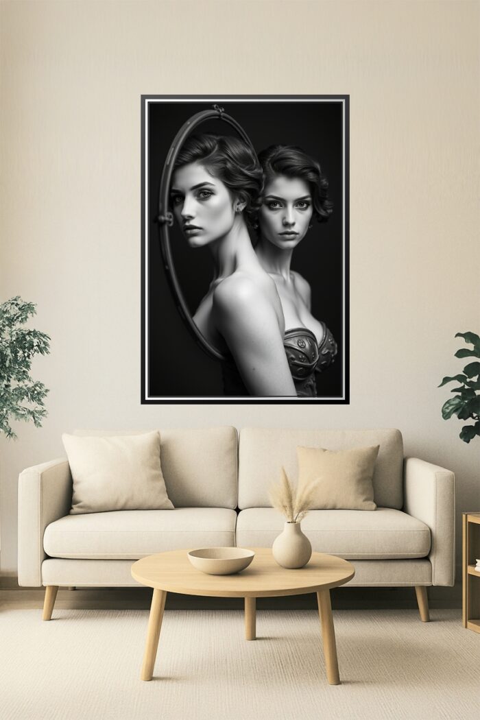 Mirror Seduction – Dark Feminine Duality in Monochrome Art picture