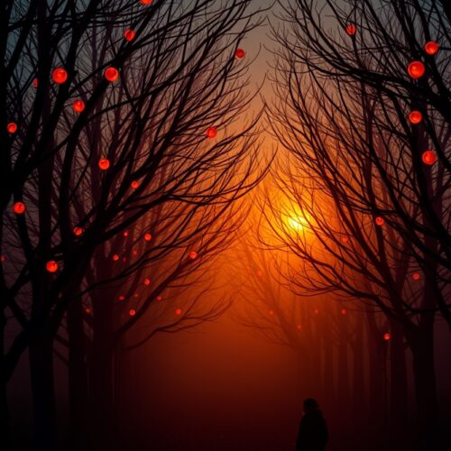 Lantern Twilight – Mystical Forest Path at Dusk Poster picture