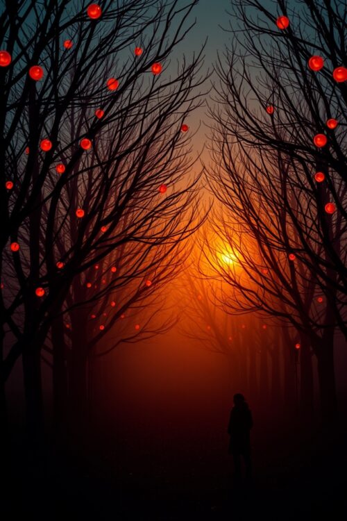 Lantern Twilight – Mystical Forest Path at Dusk Poster picture