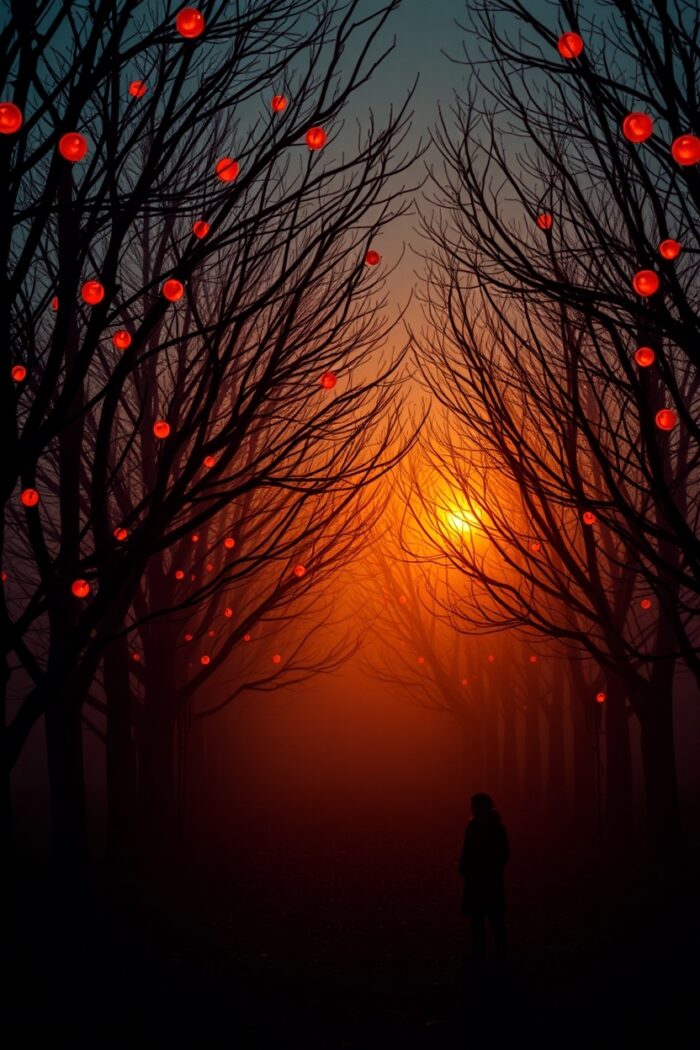 Lantern Twilight – Mystical Forest Path at Dusk Poster picture
