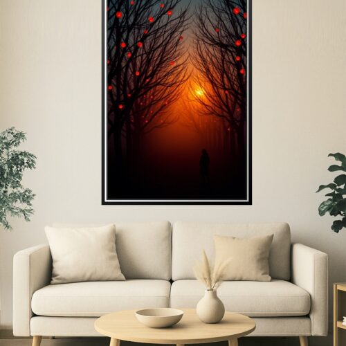 Lantern Twilight – Mystical Forest Path at Dusk Poster picture