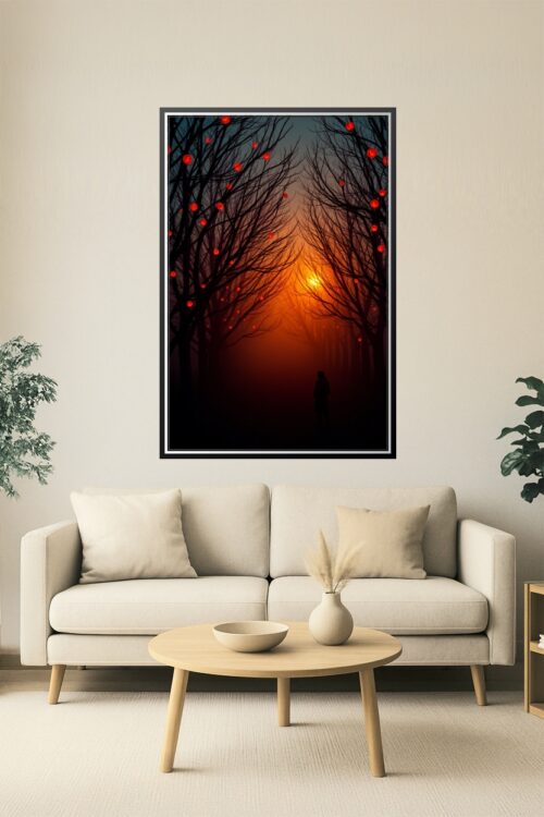 Lantern Twilight – Mystical Forest Path at Dusk Poster picture