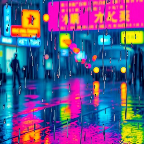Neon Rain – Cyberpunk City Reflections Art Poster picture