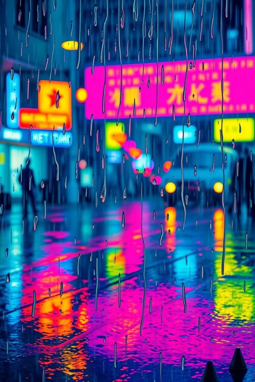 Neon Rain – Cyberpunk City Reflections Art Poster picture