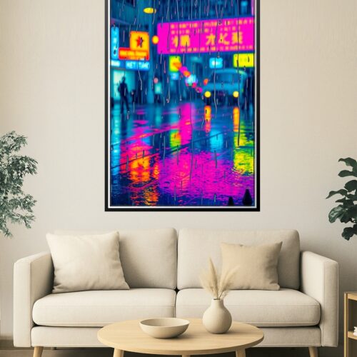 Neon Rain – Cyberpunk City Reflections Art Poster picture