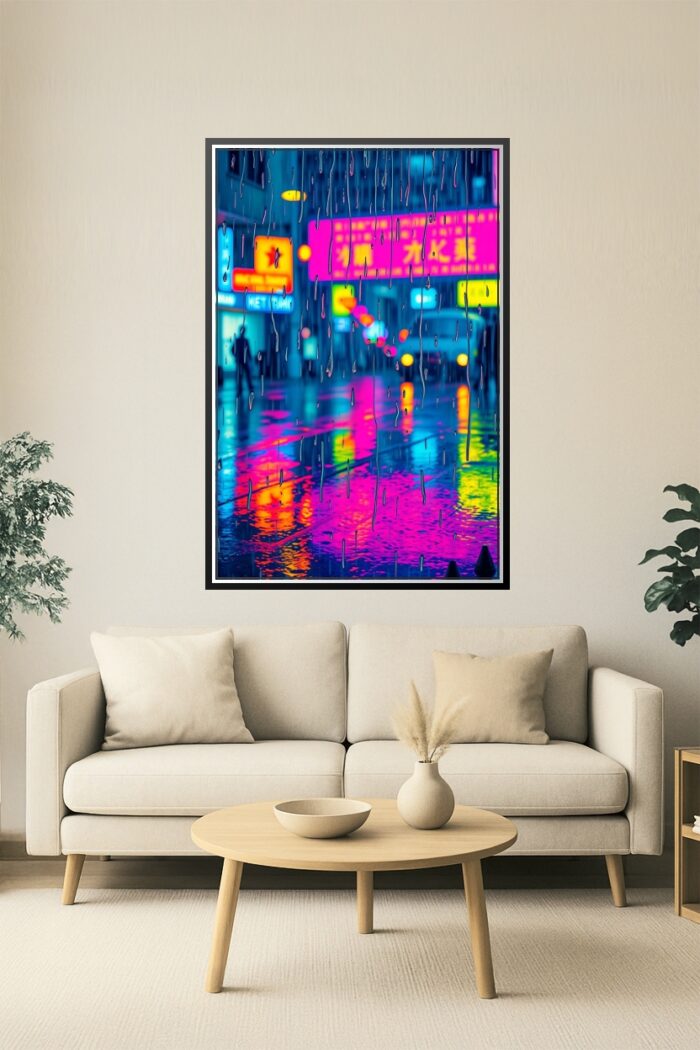 Neon Rain – Cyberpunk City Reflections Art Poster picture