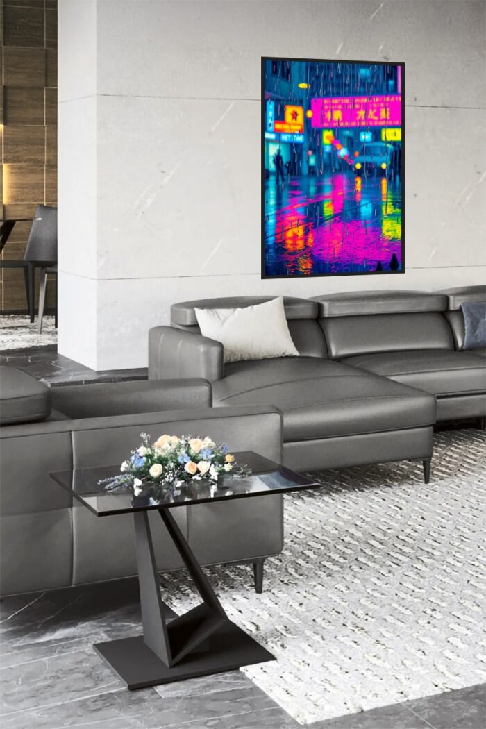 Neon Rain – Cyberpunk City Reflections Art Poster picture