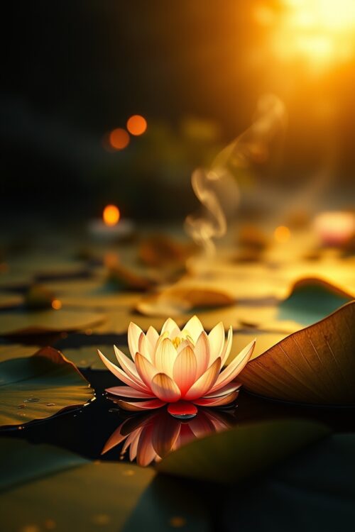 Golden Serenity – Glowing Lotus Sunset Poster picture