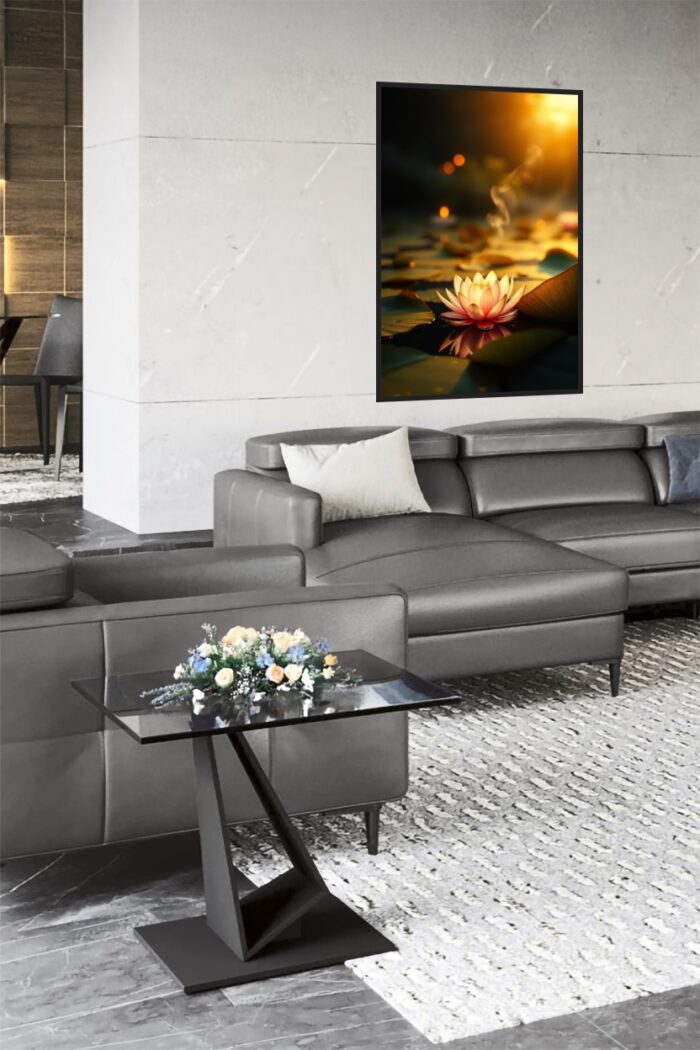 Golden Serenity – Glowing Lotus Sunset Poster picture