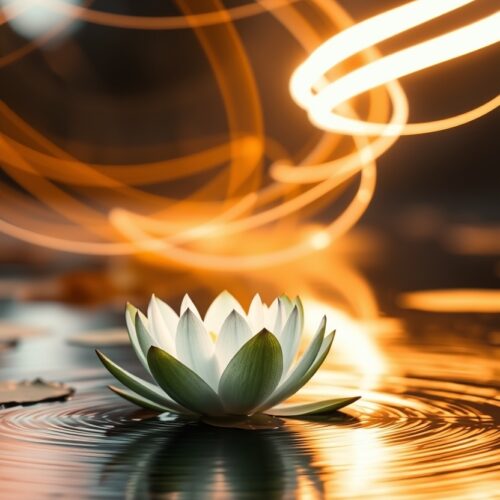 Radiant Serenity – Glowing Lotus with Light Trails Poster picture