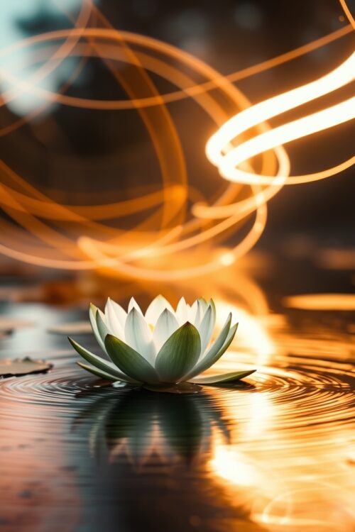 Radiant Serenity – Glowing Lotus with Light Trails Poster picture